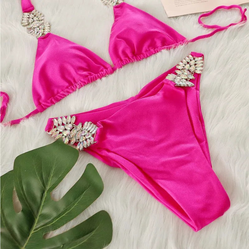 Glänzender Push-Up Bikini mit Strasssteinen – Sexy Zweiteiler für Damen, Strand & Pool